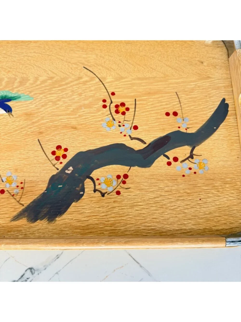 Vintage Hand-Painted Wood Tray, Asian Themed, Bamboo and Birds, Blonde Wood, Chr